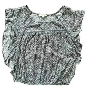 American Eagle Cropped Floral Damask Flutter Sleeve Blouse Top Size Large Blue